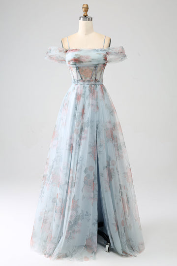 A-Line blu stampato spalla fredda lungo corsetto prom dress con fessura